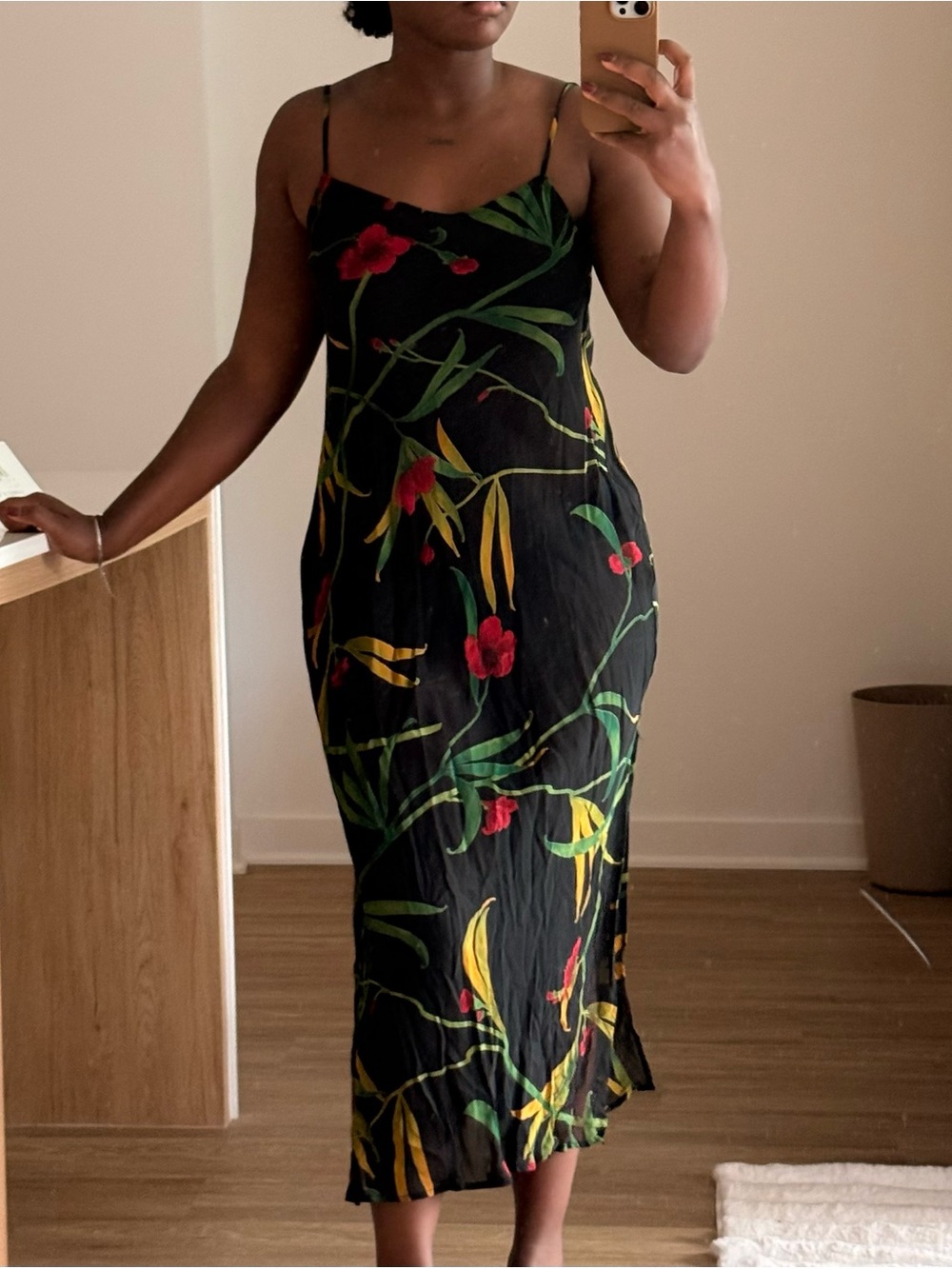 Black Floral Maxi Slip Dress with Red & Green Botanical Print